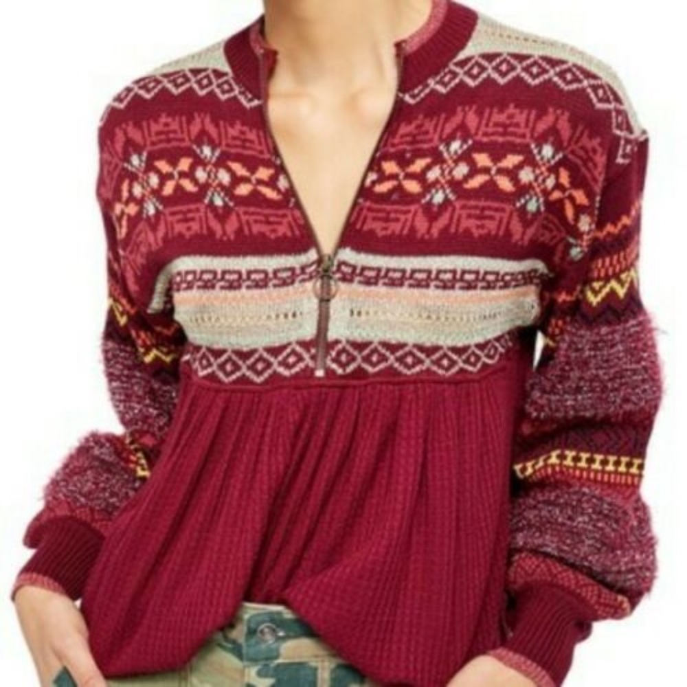NEW Free People Fair Isle Cozy Cottage Sweater M Pullover Tunic Bell Sleeves Top - Picture 6 of 16
